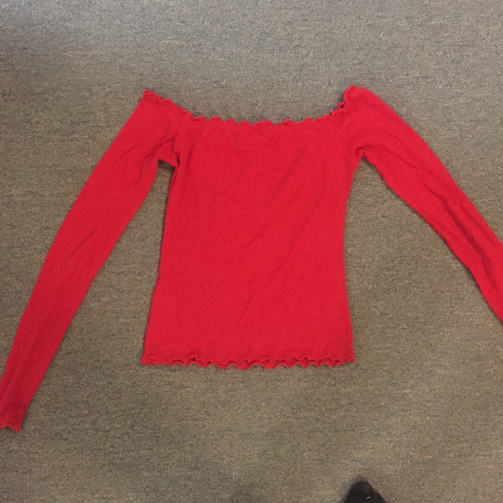 Red ruffle off the shoulder long sleeve shirt